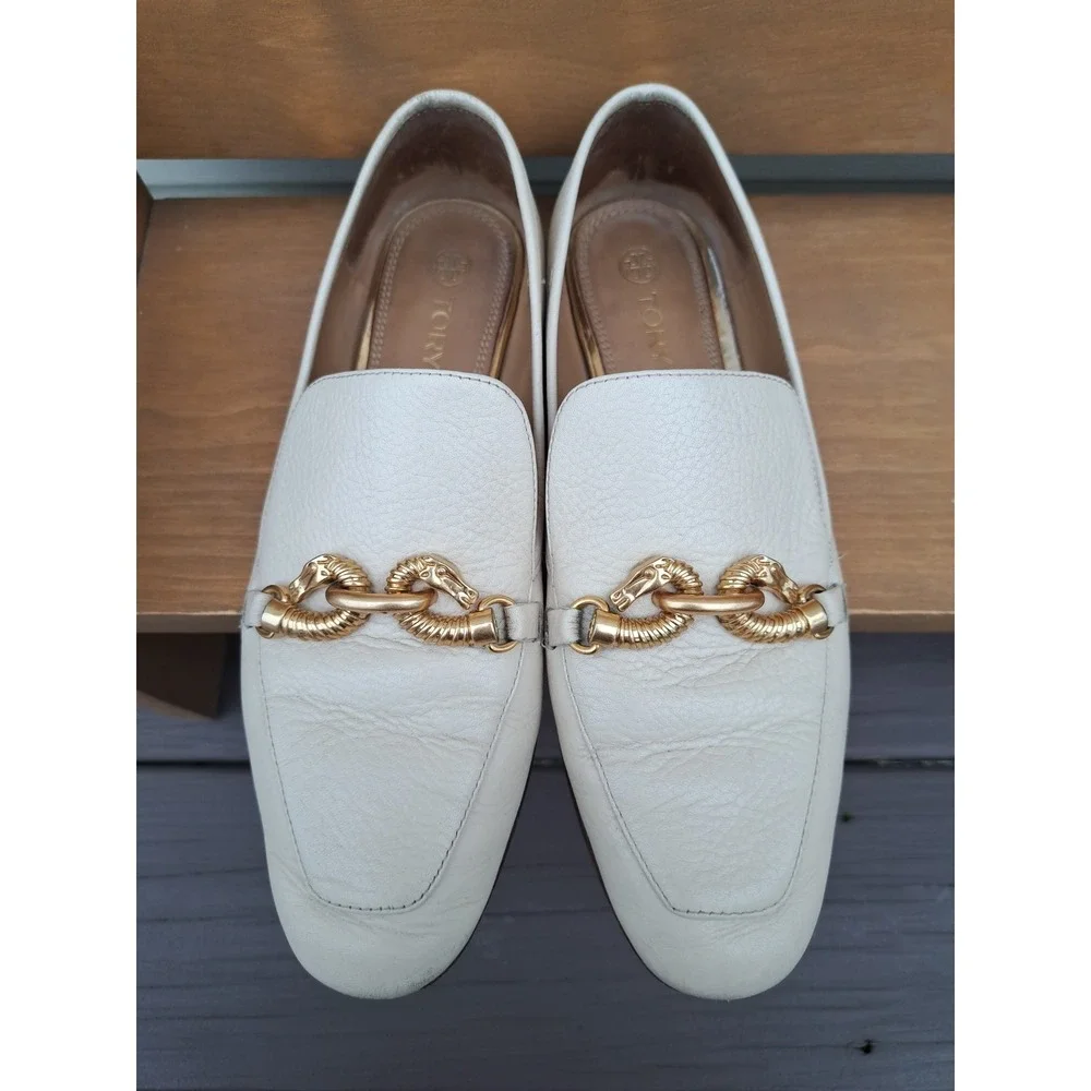 Tory Burch Women's Leather Cream Jessa Loafers Gold-Tone Horse Hardware Size 9 M